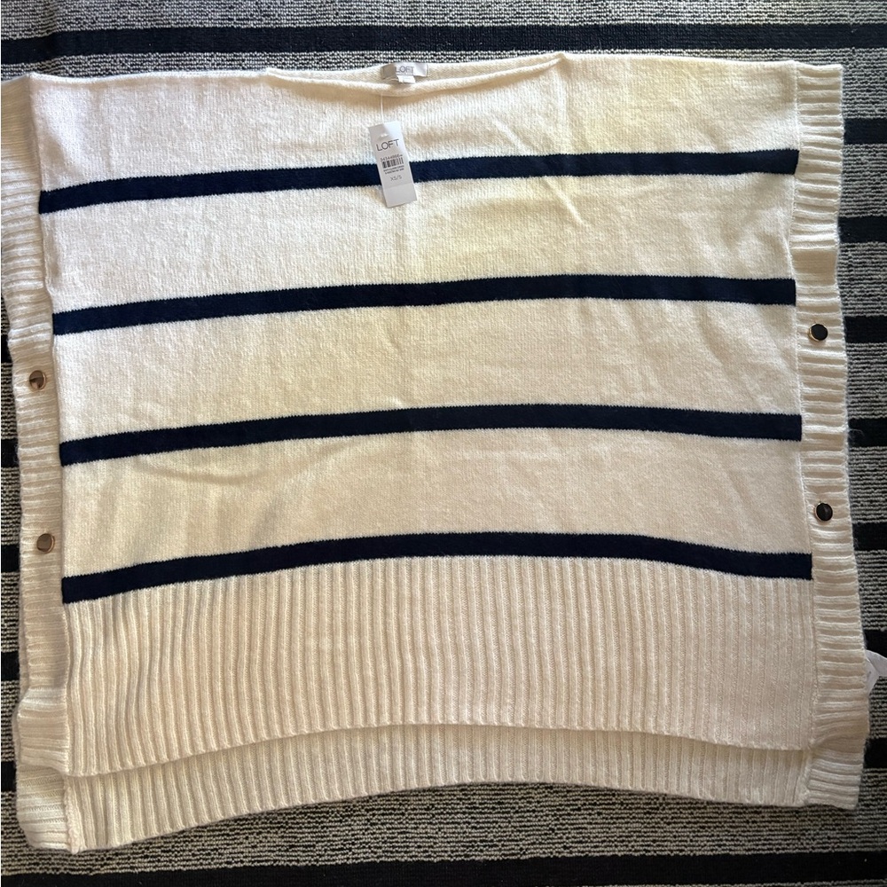 LOFT Cream and Black Striped Knit Poncho